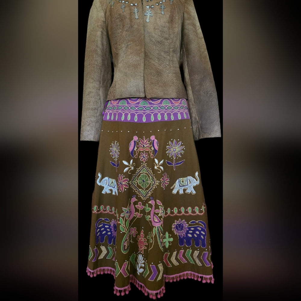 Elegant Brown A-Line Skirt with Purple and Green Embroidery